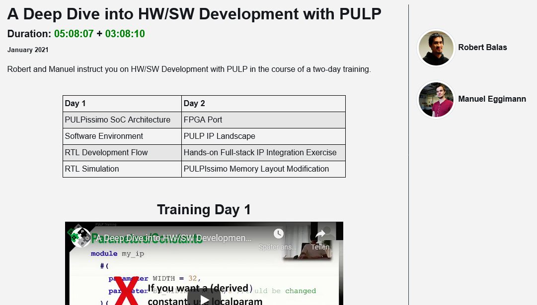 pulp_platform's tweet photo. We have just published Robert's and Manuel's two-day tutorial "A Deep Dive into HW/SW Development with PULP" on our site. Our dedicated training page now contains more than 13 hours of useful PULP videos, slides and even a VM setup.  Explore more here: https://t.co/hdcNitWXbi https://t.co/ZEYV0BlCMj