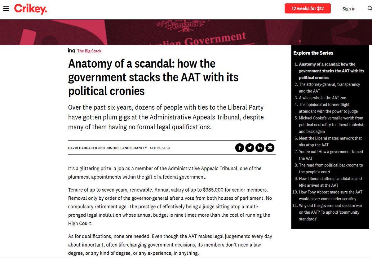 LyndaFrench19's tweet photo. #LNPInvestigations 

Over the past six years, dozens of people with ties to the Liberal Party have gotten plum gigs at the Administrative Appeals Tribunal #AAT, despite many of them having no formal legal qualifications.

https://t.co/FO1FV5N064

#StackingtheBoards #Centrelink https://t.co/url3RDArIN
