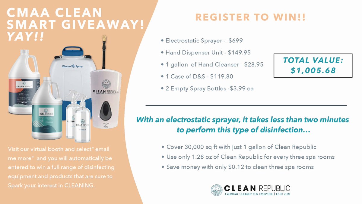 clean_republic's tweet photo. We're live again today @CMAA's Virtual World Conference and Club Business Expo! 

Stop by the #cleanrepublic booth today @ 3:30-4:30 pm EST and learn all about our hospital grade disinfecting products. 

Don't miss the chance to enter our raffle! #CMAAVirtual #clean https://t.co/uJ56RH2U2e