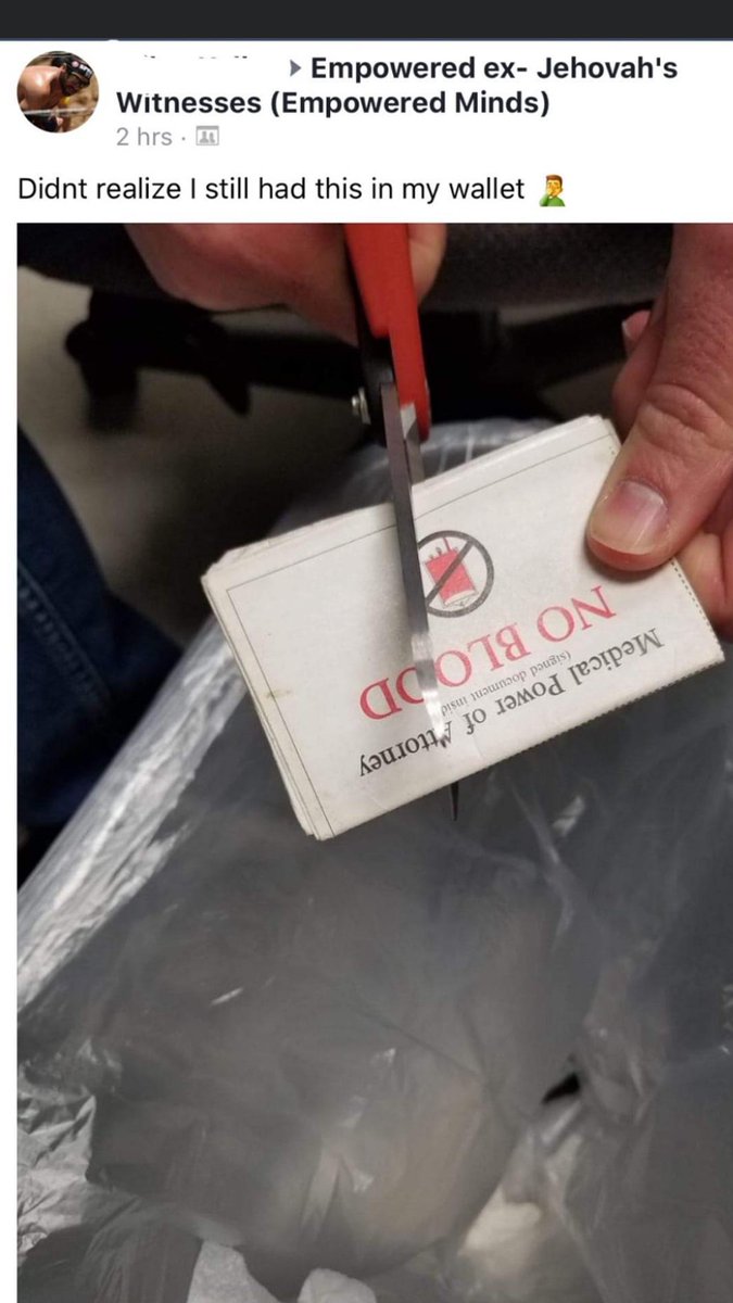 hauxtep's tweet image. A No Blood card
Jehovah’s Witnesses guilt &amp;amp; trick their members into carrying these cards just in case they get into a life threatening situation where they might need a blood transfusion &amp;amp; cant refuse it themselves
#JW #jehovahswitnesses #highcontrolgroup #cult 
#Blood #noblood