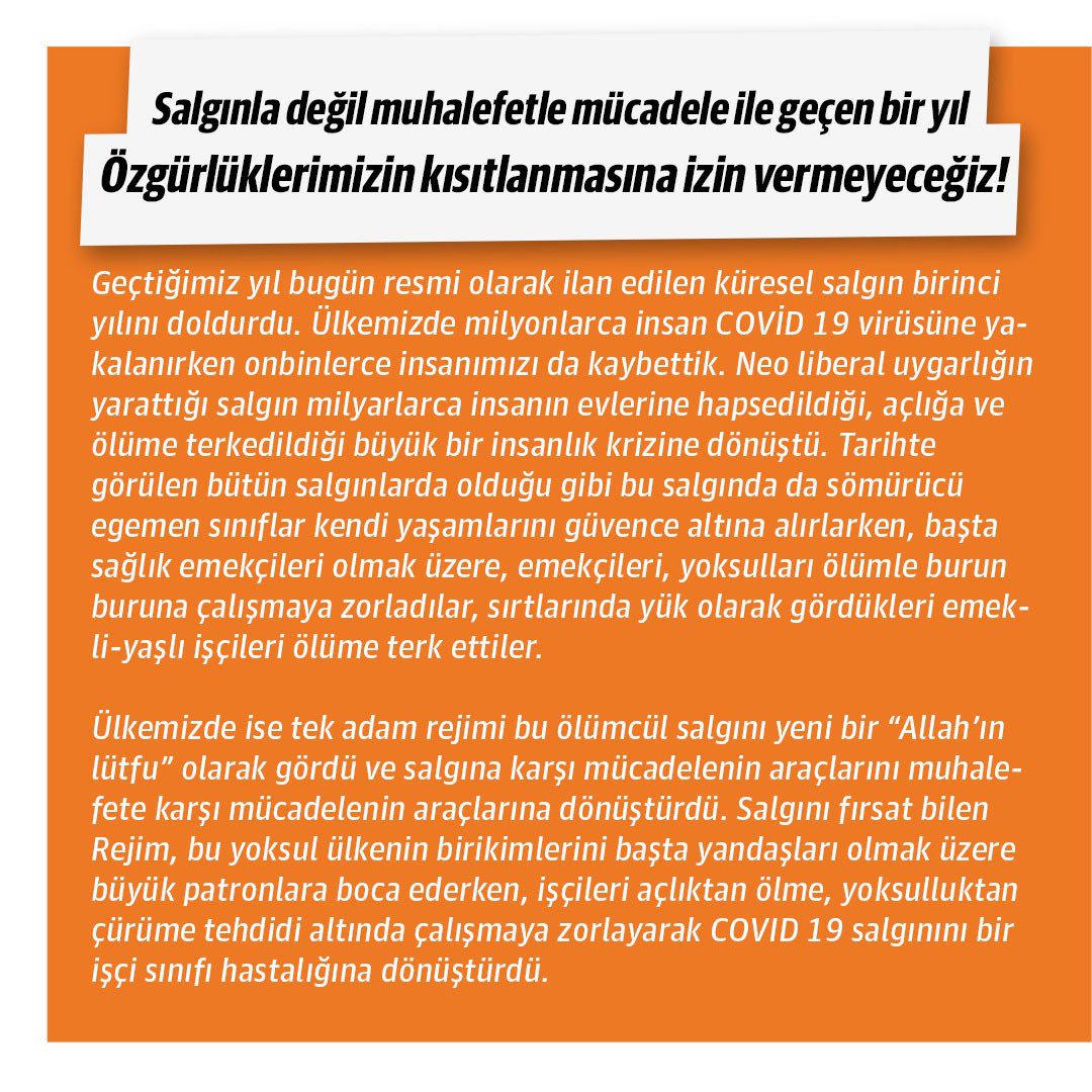 Halkevleri's tweet photo. Salgınla değil muhalefetle mücadele ile geçen bir yıl: Özgürlüklerimizin kısıtlanmasına izin vermeyeceğiz! https://t.co/HtR3TgimdC