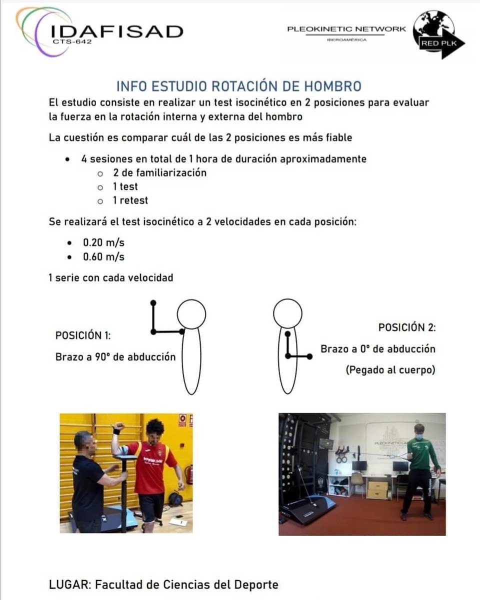 angelarp91's tweet photo. La semana que viene empezará un estudio de fiabilidad para medir la fuerza de rotación interna y externa del hombro en 2 posiciones 
4 sesiones en total: 
 2 la semana que viene y la 2 la siguiente semana
Horario: 8 - 18
Facultad de Ciencias de Deporte
Si estáis interesad@s ➡️ https://t.co/Bxmjlj58dz