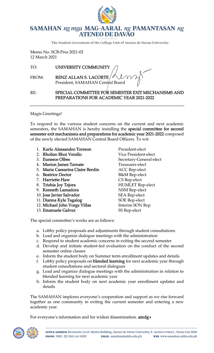 addusamahan's tweet photo. MEMO | Presidential Memorandum re: Installment of the SAMAHAN Special Committee for 2nd Semester Exit Mechanisms and Preparations for Academic Year 2021-2022

For everyone's information and for widest dissemination. 
@ADDU_Official @GACP_AdDU https://t.co/RnDzz6jvnO