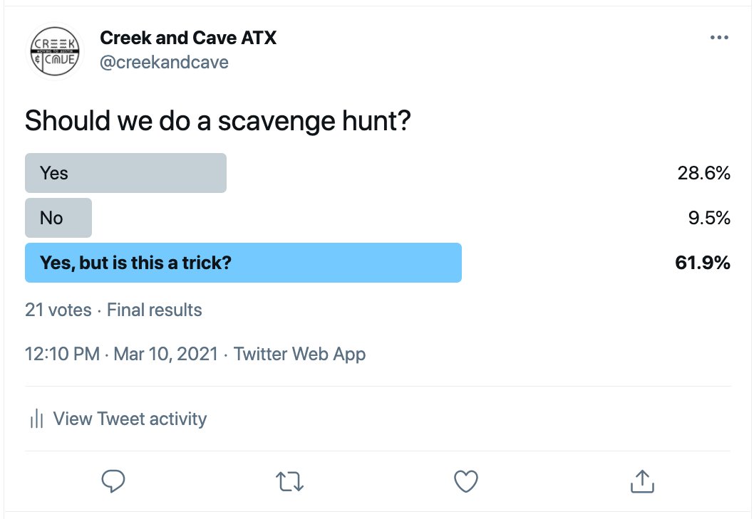 Follow us at creekandcave (@creekandcaveatx) on Twitter photo The people have spoken! They want to do a scavenger hunt and they are a little suspicious! We'll be giving out prizes leading up to the opening of <a href="/creekandcave/">Creek and Cave</a> in Austin!
One of the prizes is having a drink named after you permanently.
What else would you like to win? The people have spoken! They want to do a scavenger hunt and they are a little suspicious! We'll be giving out prizes leading up to the opening of <a href="/creekandcave/">Creek and Cave</a> in Austin!
One of the prizes is having a drink named after you permanently.
What else would you like to win?