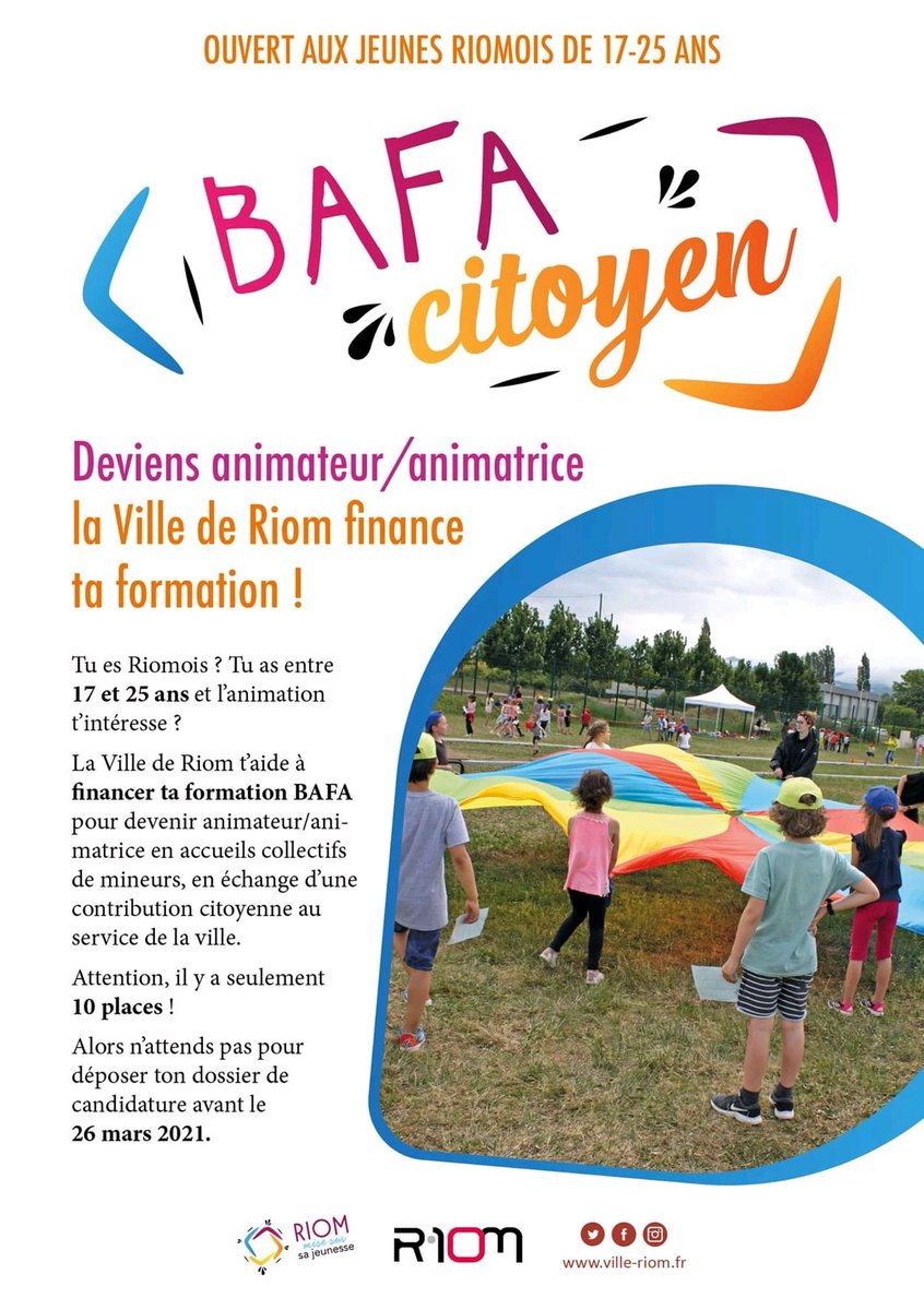 VilledeRiom's tweet photo. [🔴#jeunesse] La ville de #Riom aide les riomois de 17 à 25 ans à financer la #formationBAFA pour devenir #animateur/animatrice en #accueilscollectifs de #mineurs en échange d'une contribution #citoyenne au service de la Ville. Plus d'infos ⤵️
https://t.co/wnPlNHzRW1 https://t.co/TQ9pFcxiSS