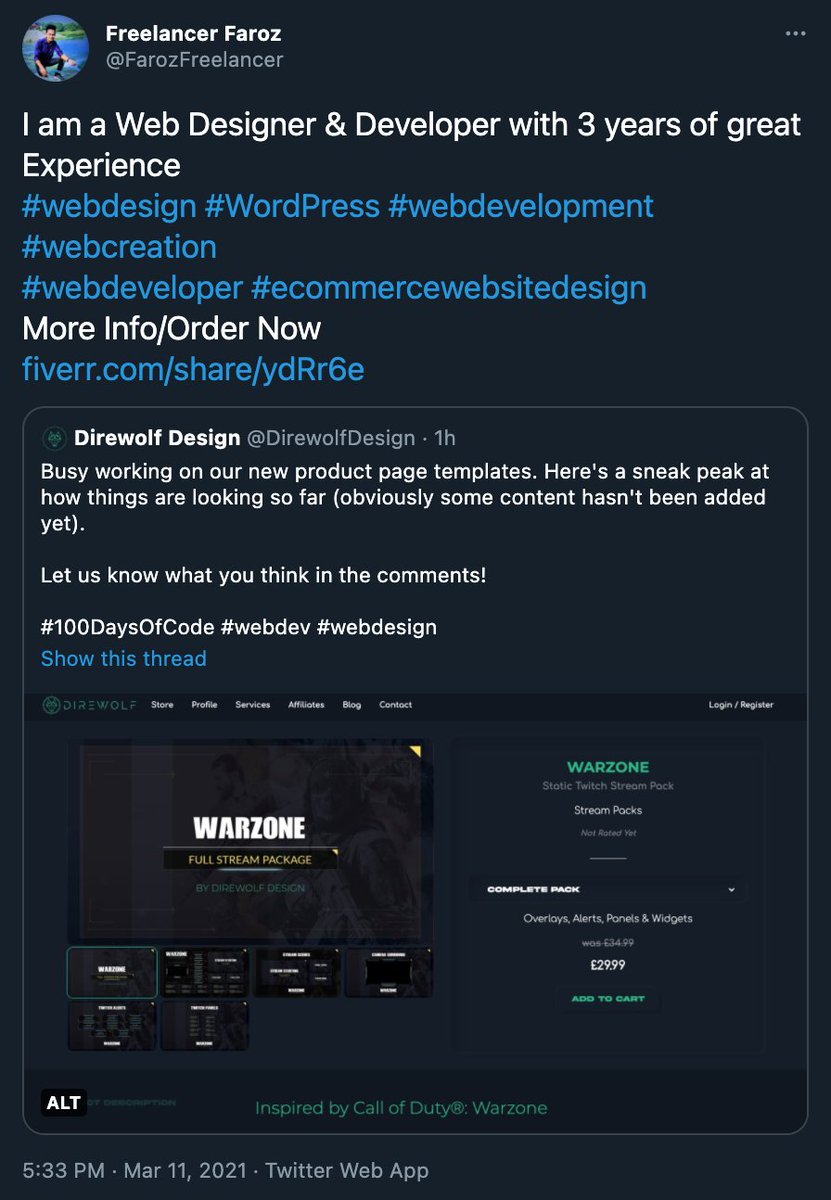 DirewolfDesign's tweet image. This guy is just straight up trying to pass off our website design as his own work to push his Fiverr.

I don't know when this became a normal thing people do, but trying to pass off other people's content as your own is a really shitty thing to do and just looks terrible on you.