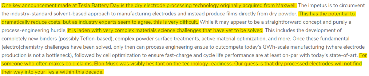 2/  $TSLA acquired Maxwell Technologies for its dry battery electrode (DBE) tech. This process is why battery experts have been skeptical of Tesla's ability to produce the 4680 cells with the claimed specs. EnPower, a company specializing in battery electrode tech, said of 4680: