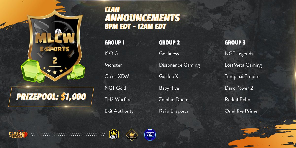 MLCW is proud to announce the clans selected for Season 2 of our e-Sports League!!! With hundreds of applicants it was tough selecting just 96 clans to participate this season. Good luck to all involved and many thanks to our sponsors!!!