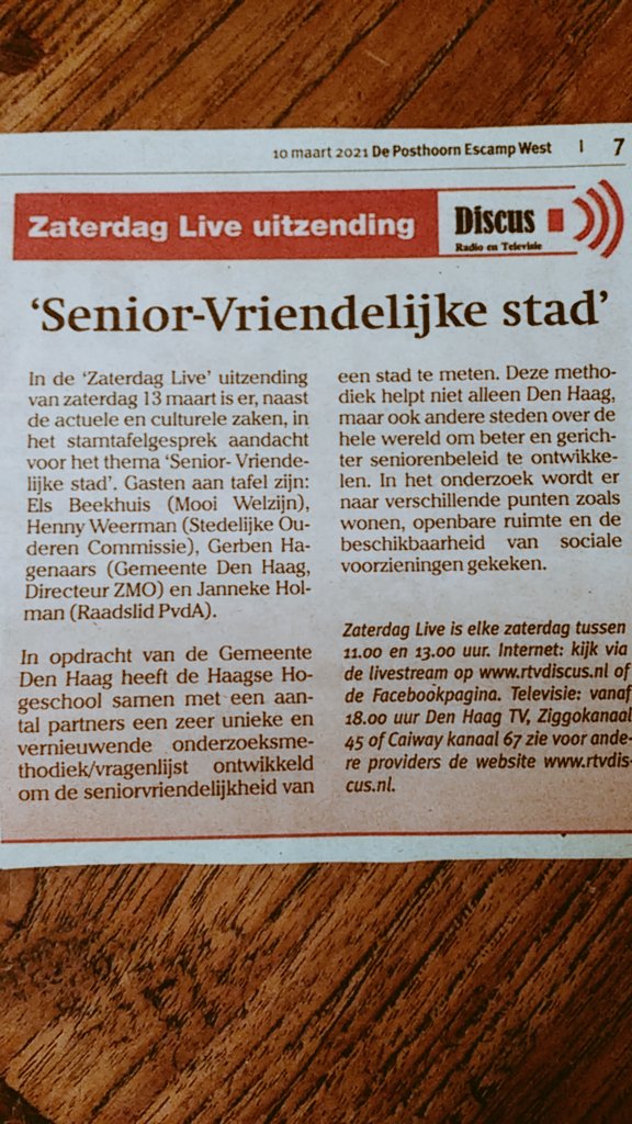 Komende zaterdag schuift collega #ouderenconsulent #ElsBeekhuis <a href="/OMoerwijk/">Ouderenconsulent Moerwijk</a> aan bij het #stamtafelgesprek van <a href="/RTvDiscus1/">RTv Discus</a> Zaterdag Live tussen 11-13u over thema SeniorvriendelijkeStad => kijken !! #HennyWeerman @GerbenHagenaars <a href="/JannekeHolman/">Janneke Holman</a> @mooiwelzijn <a href="/HaagseSenioren/">HaagseSenioren.nl</a>