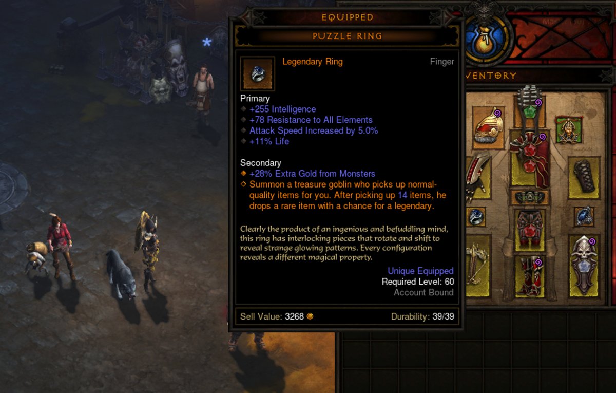 vvitchvision's tweet photo. @Diablo I recently found the Puzzle Ring! Love that it summons a treasure goblin to follow you around (and pick up normal items in exchange for an occasional rare/legendary one) https://t.co/y7Rr5JzhyZ