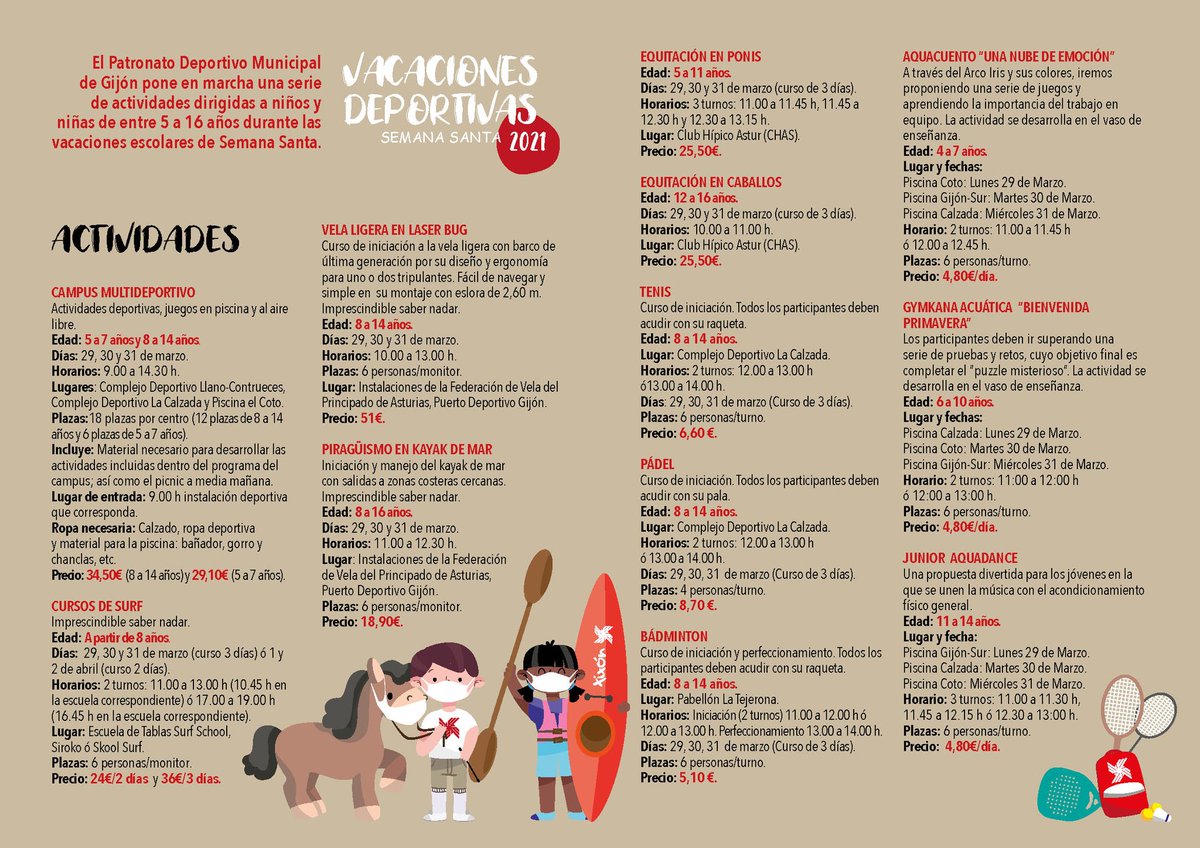 Presentación del programa de Vacaciones Deportives Selmana Santa 2021. 11 oportunidades para realizar actividad física: campus multideportivos, cursos de surf, equitación, vela, actividades acuáticas...
📝 Inscripciones a partir del 17 de marzo
Más info👉gijon.es/es/noticias?et…