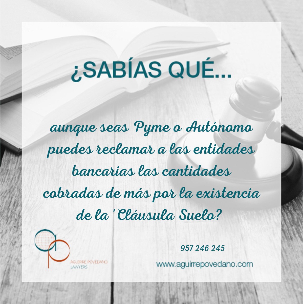 Hoy, nuestro compañero Adriano García Redondo, nos habla de la oportunidad que tienen las Pymes y Autónomos de poder reclamar a las entidades por la conocida ''Cláusula Suelo''
#aguirrepovedanoabogados #reclamaciones #clausulasuelo #Autonomos  #pymes 

aguirrepovedano.com/abogado-online…