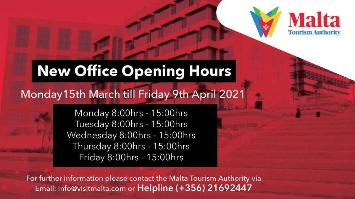 New office opening hours from Monday 15th March till Friday 9th April 2021.