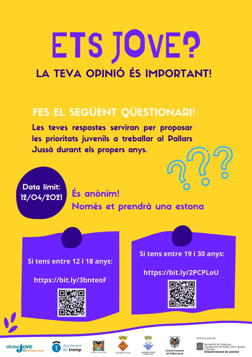 PallarsJove's tweet photo. EP!🙌🏻 QUÈ DIUS?👂 QUÈ VOLS?📢 QUÈ T’AGRADA?🤩 
Ajuda’ns a saber-ho! 
⁉️Les teves respostes serviran per proposar les prioritats juvenils a treballar al #pallarsjussà durant els propers anys. 
De 12 i 18 anys👉https://t.co/sfWBzeDcJz 
De 19 i 30 anys👉https://t.co/bZdcN4Hvbn https://t.co/GkbeiTLocY