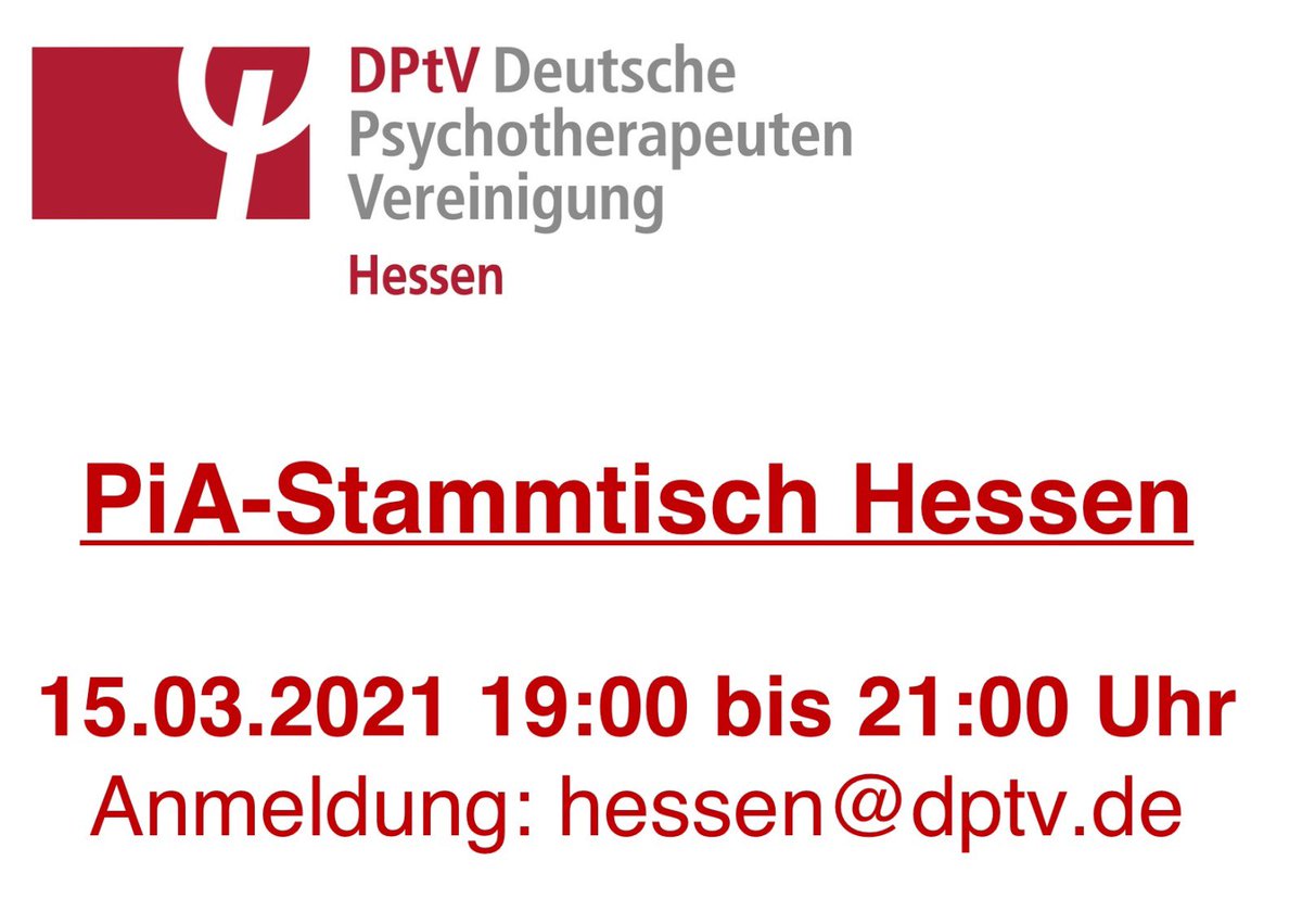 Nicht vergessen der nächste #virtuelle #PiA Stammtisch findet am 15.03.21 19-21h statt. Alles was PiA bewegt - gemeinsam Lösungen für aktuelle Probleme finden &amp; und sich mit anderen PiA vernetzen. Anmeldung hessen@dptv.de #Nachwuchs #Psychotherapie
