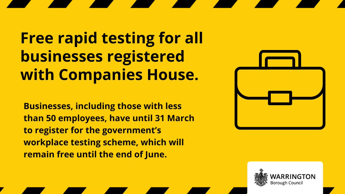 Free rapid COVID testing for all businesses in Warrington 💼
Workplace testing is now available to all businesses who are registered to Companies House, simply register before 31 March to order free lateral flow coronavirus tests for your employees: orlo.uk/5F4jR