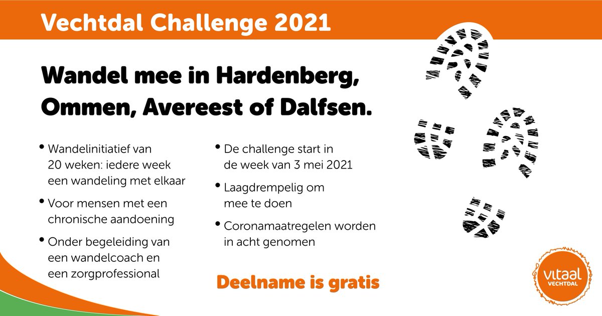 In mei gaat de @VitaalVechtdal Challenge van start. Een gratis wandelprogramma van 20 weken speciaal voor mensen met een chronische aandoening.
Startdatum #Dalfsen is 11 mei.
Meer info en aanmelden? bit.ly/3rDSTPv