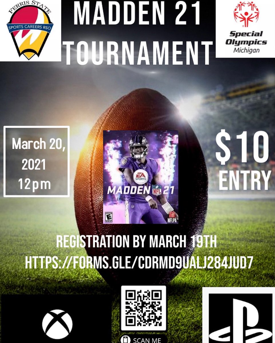 Play Madden competitively? You can win our next tournament happening Saturday, March 20! Sign up with the link today: forms.gle/CDrmD9UaLj284J… ⬅️

#sportstournament #madden #ferrisstateuniversity #ferrisstate