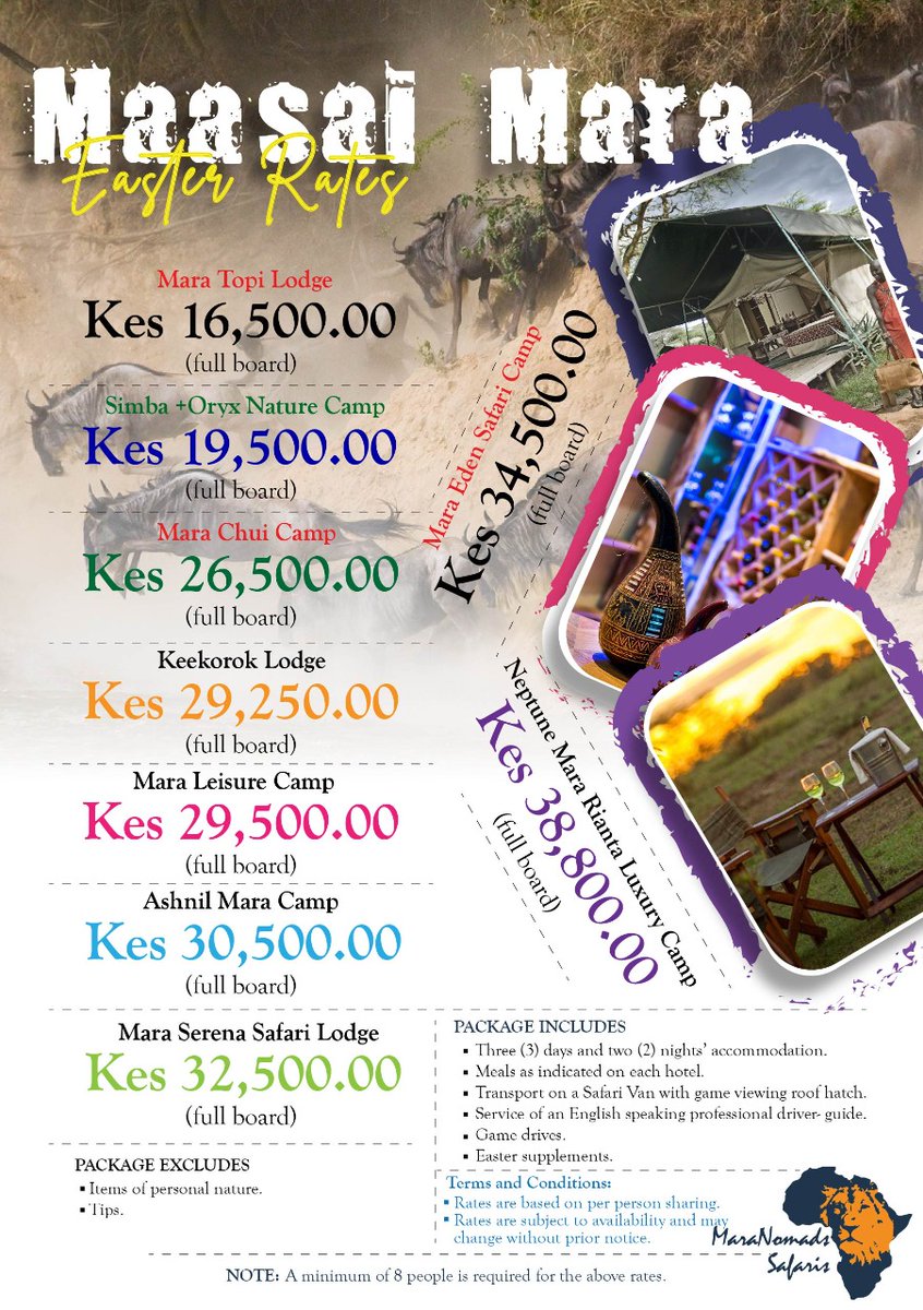 MaraNomads's tweet photo. Grab your Loved Ones, Grab your Bags and #GetNomadic this Easter Season. We have Unbeatable bush deals to Maasai Mara at very affordable rates! See this:

For bookings &amp; reservations:  Call + (254) 769 677 263 or Email; travel@maranomads.com

#TembeaKenya https://t.co/M6PyOEJDWT