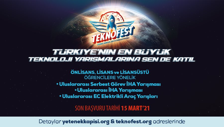 “Her güçlüğü aşabilirim, her teknolojiyi geliştirebilirim” diyorsan #TEKNOFEST Teknoloji Yarışmaları tam sana göre! <a href="/Tubitak/">TÜBİTAK</a> <a href="/teknofest/">TEKNOFEST</a>

👉🏼 yetenekkapisi.org
🚀 teknofest.org
🗓️ Son Başvuru Tarihi: 15 Mart 2021