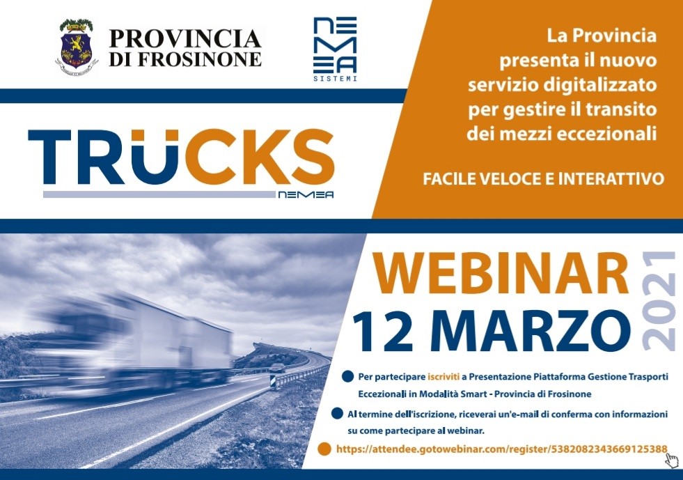La Provincia di Frosinone cambia marcia sui #TrasportiEccezionali e domani presenta la soluzione #Trucks! 
📌Partecipa al webinar: attendee.gotowebinar.com/register/53820…

#mobilità #innovazione #efficientamentoPA  #DigitalTransformation @MiTE_IT <a href="/Minambienteita/">Ministero Ambiente</a> <a href="/mitgov/">MIT</a> <a href="/InnovazioneGov/">Dipartimento per la Trasformazione Digitale</a> <a href="/FunzPub/">Dipartimento della funzione pubblica</a>