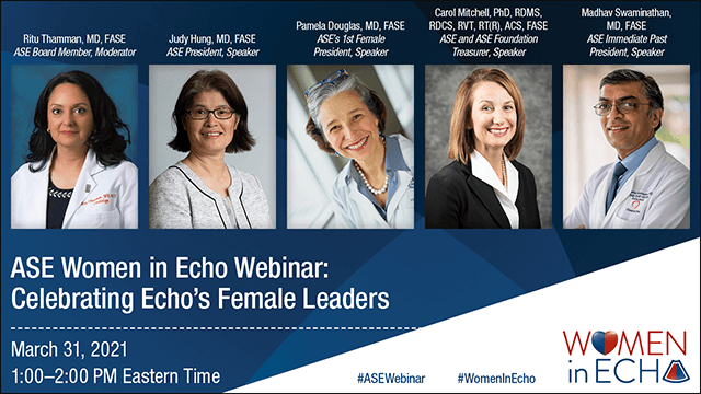 SAVE THE DATE: March 31, 1-2 PM ET. Live Webinar - #WomenInEcho: Celebrating Echo's Female Leaders. Free for everyone. Celebrate female leaders in #echocardiography & how these innovative women have been instrumental in shaping the field of #CVUltrasound bit.ly/3l4xtZr