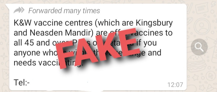 HealthierNWL's tweet image. We have seen fake messages on whatsapp in #Brent about booking #vaccines.  Whilst it may be sent with the best of intent, it is incorrect information.  Currently you can only book if you are 55+ or clinically vulnerable.  Pls only share info from genuine NHS sources.