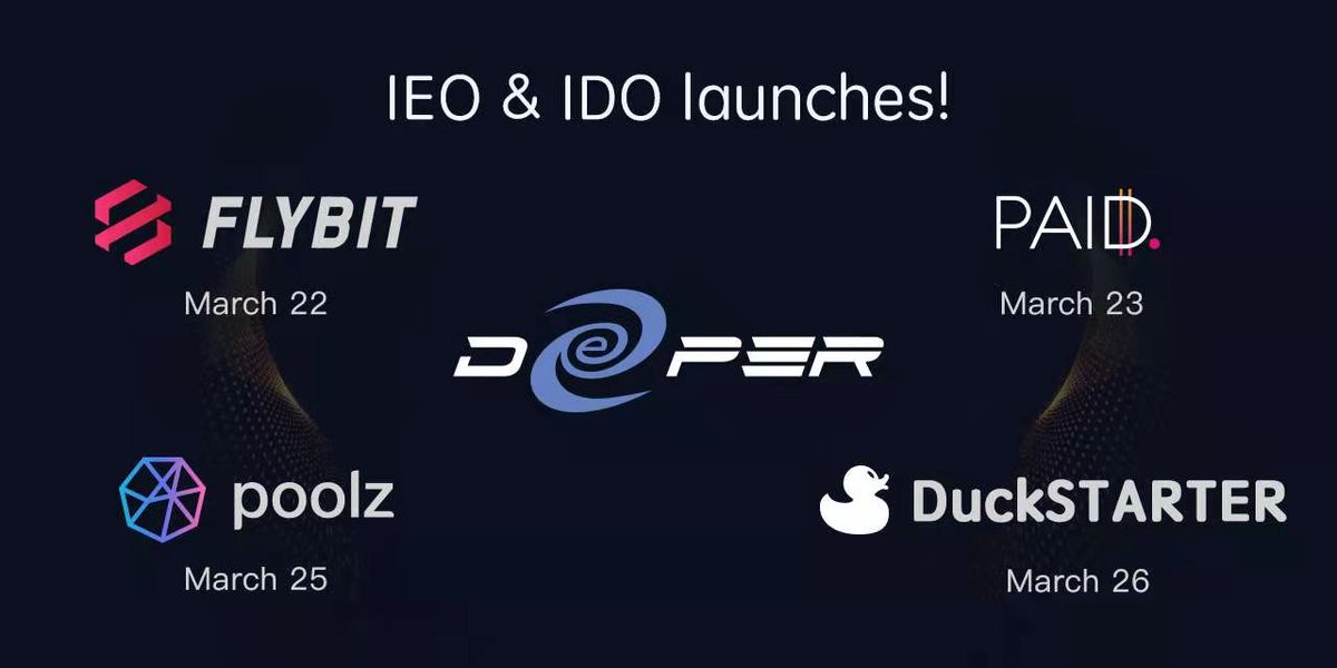 Deeper Network (@deeper_network) on Twitter photo $DPR Public Sale Announcement - Mark the dates!!
🔥🔥🔥
Deeper Network IEO & IDO scheduled to launch on a quartet of platforms this month ‼️
<a href="/FlybitOfficial/">FLYBIT Exchange (Official)</a> Monday, March 22
<a href="/paid_network/">PAID</a> Tuesday, March 23
<a href="/Poolz__/">Poolz Finance | We’re Hiring!</a> Thursday, March 25
<a href="/dao_duck/">DuckDAO 🐣</a> Friday, March 26 $DPR Public Sale Announcement - Mark the dates!!
🔥🔥🔥
Deeper Network IEO & IDO scheduled to launch on a quartet of platforms this month ‼️
<a href="/FlybitOfficial/">FLYBIT Exchange (Official)</a> Monday, March 22
<a href="/paid_network/">PAID</a> Tuesday, March 23
<a href="/Poolz__/">Poolz Finance | We’re Hiring!</a> Thursday, March 25
<a href="/dao_duck/">DuckDAO 🐣</a> Friday, March 26