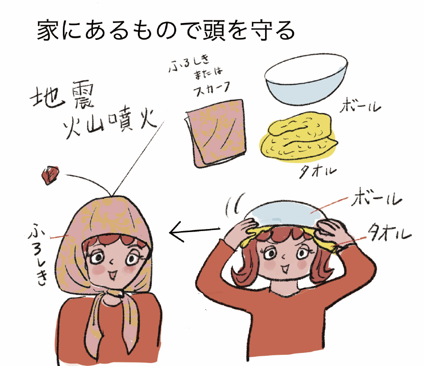 家にあるモノで「防災ヘルメット」を作ってみました。大人でも子供でも、サイズ違いのボールの大きさで合わせられます。 