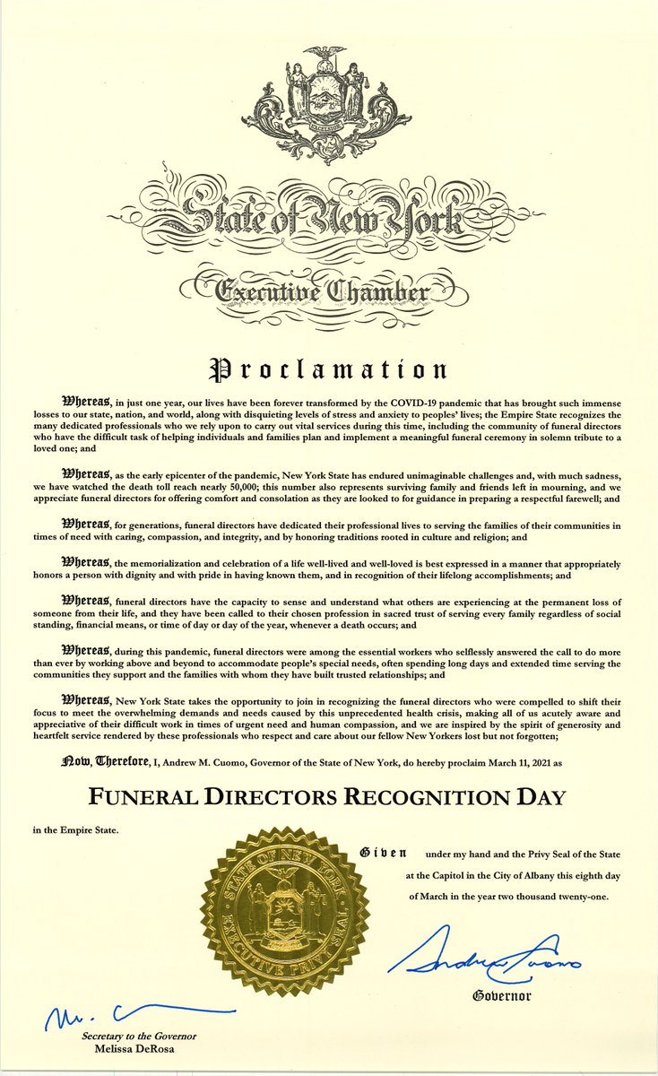 Following an unprecedented year, and in recognition of #funeralserviceprofessionals unwavering commitment to their communities,  <a href="/NYGovCuomo/">Archive: Governor Andrew Cuomo</a> has proclaimed today - March 11, 2021 - Funeral Directors Recognition Day. #FuneralDirectorDay