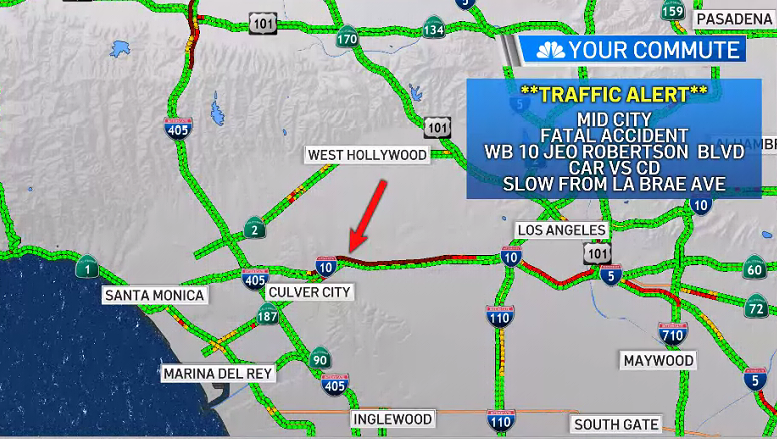 RobinWinstonTV's tweet photo. Good Morning
Were tracking major delays through #MidCity due to a **fatal** crash. WB 10 at Robertson Blvd. 
WATCH LIVE: https://t.co/3kLJfQnJCU
#TodayInLA @NBCLA @BelenNBCLA @DaniellaNBCLA @AdrianNBCLA https://t.co/jDqWXdQaHo