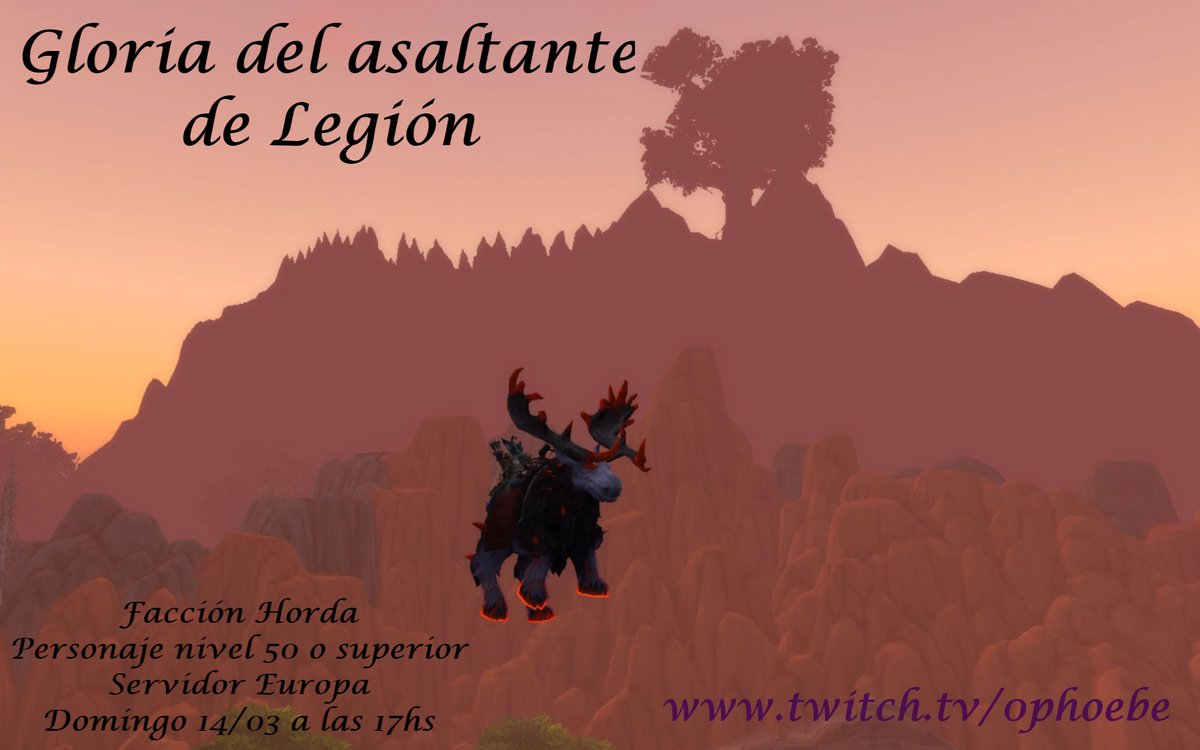 Nuevo evento de domingo
🔥Gloria del asaltante de Legión🔥
📌Facción Horda
📌Servidor de Europa
📌Personaje nivel 50 o superior
❗Domingo 14/03 a las 17hs.
Debemos ser más de 10 personas. Los espero! ❤️
