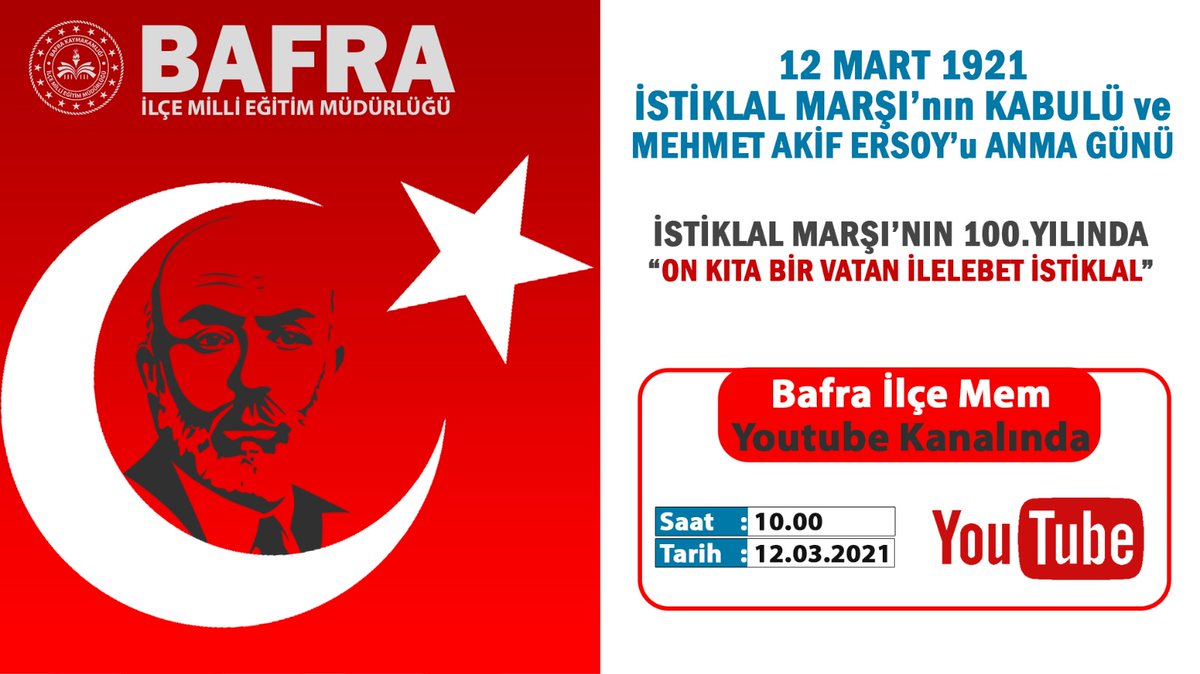 Hakkıdır, hür yaşamış bayrağımın hürriyet;
Hakkıdır, Hakk’a tapan milletimin istiklal. 
İstiklal Marşı’mızın 100.yılı etkinliği Bafra ilçe Mem YouTube kanalında...
#İstiklalMarşı100Yaşında
#Samsun #OnKitaBirVatan <a href="/CevdetErturkmen/">Cevdet Ertürkmen</a> <a href="/bafrakaymakam/">Bafra Kaymakamlığı</a> <a href="/mehmetalikatip1/">Mehmet Ali KATİPOĞLU 🇹🇷</a> @YUKSELAYDINTS