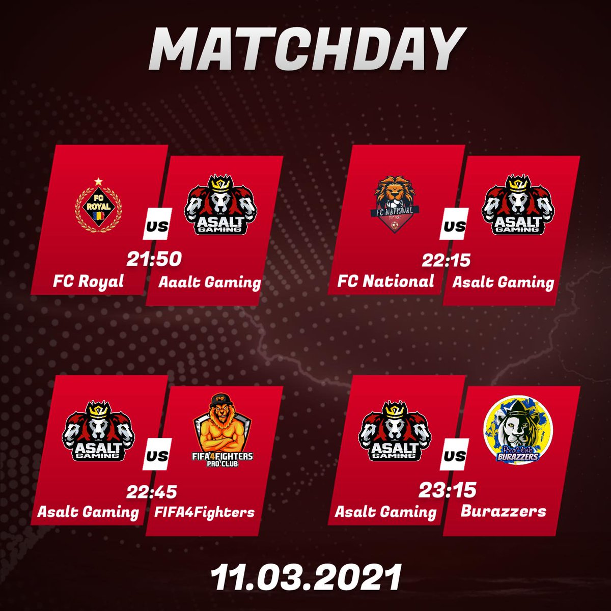 Important games in <a href="/OfficialVPG/">Virtual Pro Gaming</a> tonight! Let's go boys!

🆚FC Royal
📌RVFL
🕣7:50 PM UK

🆚FC National
📌Romanian Cup
🕣8:15 PM UK

🆚@FightersFifa
📌League 1 North
🕣8:45 PM UK

🆚<a href="/BurazzersG/">Burazzers Gaming</a>
📌League 1 North
🕣9:15 PM UK

Good luck!