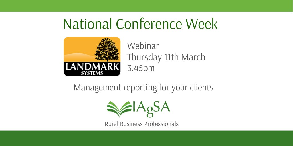IAgSA_UK's tweet photo. We're looking forward to final webinar with @LandmarkSysLtd 3.45pm, "Management reporting for your clients" helping to put useful information at your fingertips for decision making, whether itβs #cropping, #diversification, development, #managementreports or #digitalaccounts. https://t.co/3z1zrgVBzK