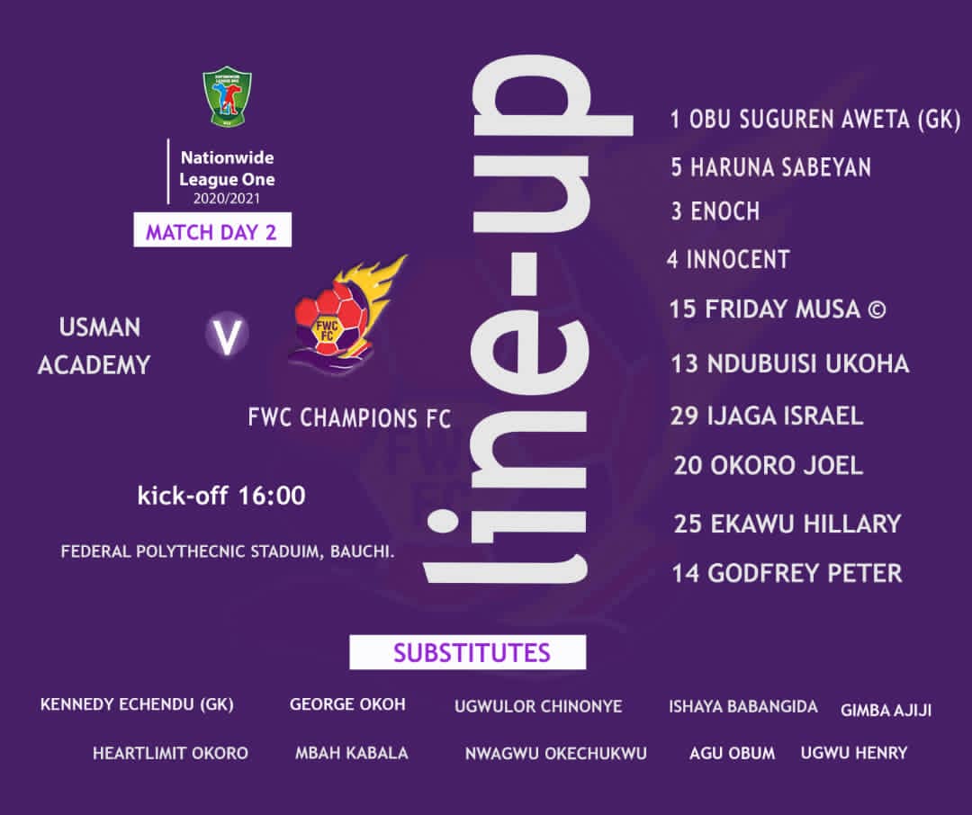 fwcfcabuja's tweet photo. Team news Vs Usman Academy

Joel Okoro, Ijaga Isreal, Godfrey Peter, Joshua Abah return to starting eleven 

Babangida Ishaya makes reserve list while Timothy Daweng and Prince Uwala failed to make list

#NLO21
#BauchiCentre
#ChampionsWhoCare
#USAFWC https://t.co/CnKSupgNx1