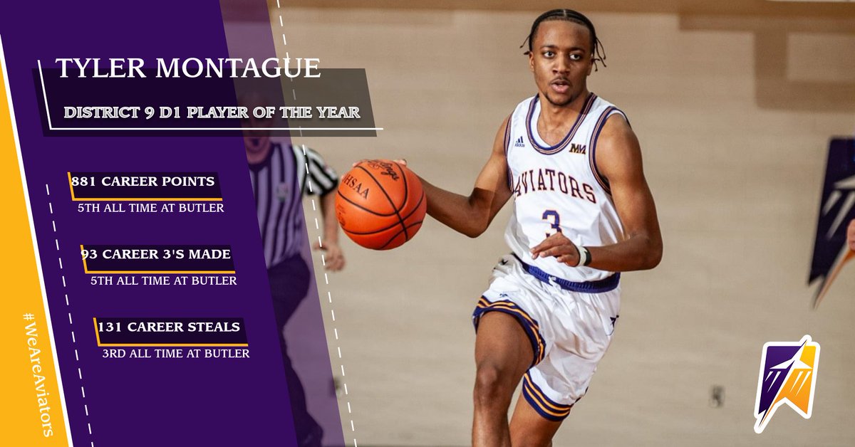 Congratulations to <a href="/TylerMontague13/">Tyler Montague</a> on being named District 9 D1 Player of the Year! Tyler finishes his career at Butler 5th in points, 5th in 3's Made, and 3rd in Steals. Fantastic Job, Tyler! We are proud of you! #Unity #WeAreAviators