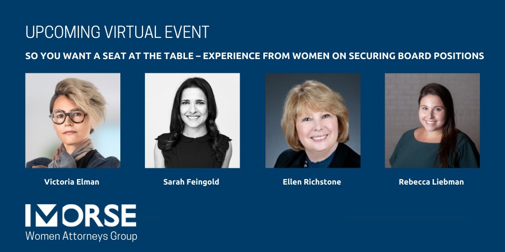Morse's tweet photo. Don't forget to #register for our #virtual program on #forprofit board service on 3/18! The panel, moderated by Lisa Warren, includes Sarah Feingold of @TheFourthFloor4, Rebecca Liebman of @LearnLux, Ellen Richstone &amp; Morse's Victoria Elman https://t.co/6YDQmKoSgq #BizWomenMorse https://t.co/322X9uTmML