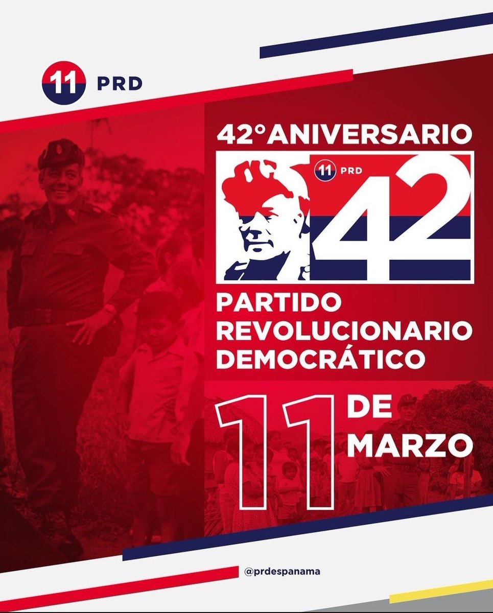Hoy, celebramos con orgullo nuestros 42 años de fundación, y recordamos todo el camino de luchas lideradas por el general Omar Torrijos Herrera. 

¡Viva el 42 aniversario del <a href="/PRDEsPanama/">PRD Panamá</a>!

¡Viva Omar Torrijos Herrera!

#42AniversarioPRD

#HDAlinaGonzález