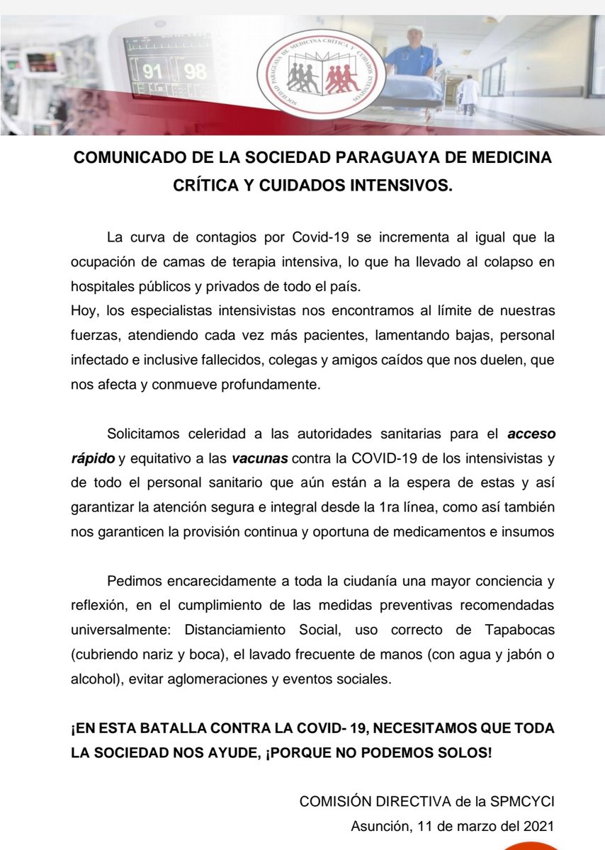 ivanpaezpy's tweet photo. Desde la Sociedad Paraguaya de Cuidados Intensivos piden mayor conciencia y reflexión... "Nos encontramos al límite de nuestras fuerzas, atendiendo cada vez más pacientes" https://t.co/T0eYIKOqsP