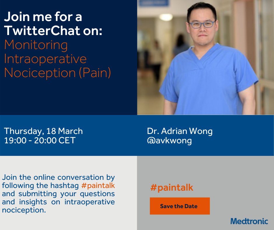 MDT_RMS_EMEA's tweet image. How do you monitor your patient’s intraoperative nociception (pain) &amp;amp; customise their #analgesia? Join our Twitter Chat this Thursday 18 March, led by @avkwong.  Share your insights and exchange experiences with other physicians. #Paintalk 
To learn more: bit.ly/3vfxoGP