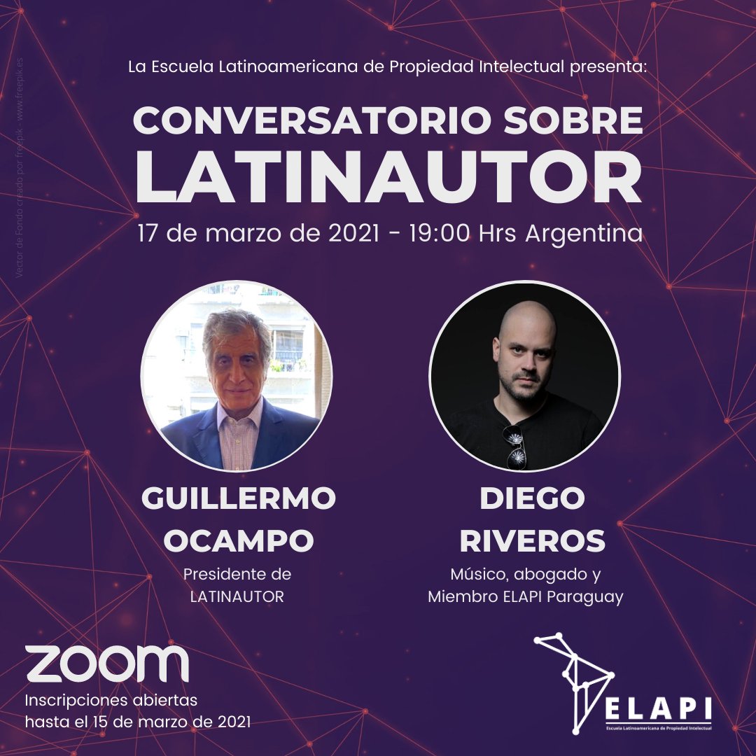 SomosELAPI's tweet photo. Conversatorio ELAPI sobre LatinAutor.
Invitado: Guillermo Ocampo, presidente de esta organización. Modera: Diego Riveros, músico, abogado y miembro de ELAPI Paraguay. Inscripciones hasta el 15 de marzo:
https://t.co/YCcWeBxxvd
#DerechoDeAutor #MusicBusiness #Latinoamerica https://t.co/RlMlhIAMCV