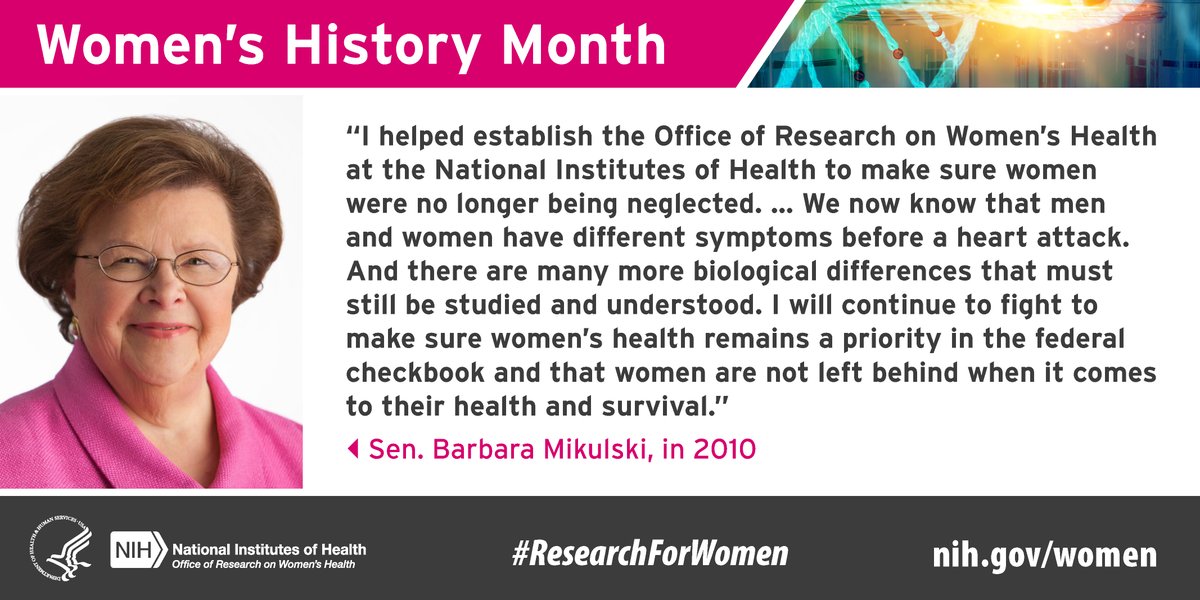 Former Senator Barbara Mikulski, a women’s health advocate, helped establish ORWH. We thank her for her work to advance the health of women. #WomensHistoryMonth