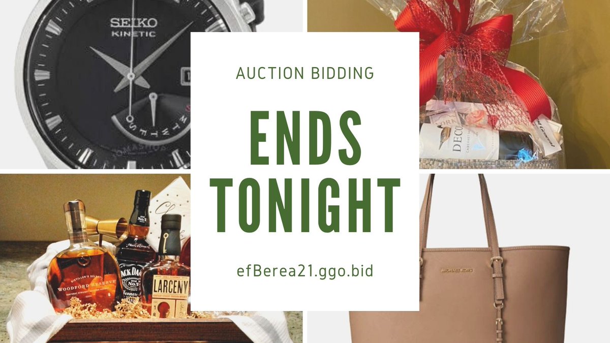 The Auction ends TONIGHT at 9 PM! Don't miss all the great packages at: efberea21.ggo.bid

We will be live on Facebook at 7:30 PM with Auction updates and the 50/50 raffle winner. 🤩💰

#TEFAuction
