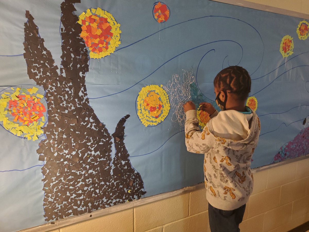 Mosaics are a very tedious process but a really fun way to recreate Van Goghs Starry Night....and a great filler activity....#classroommurals #nationalyouthartmonth ....cut arrange glue.....teamwork is the dreamwork....