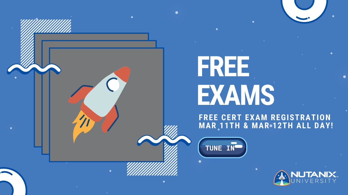 We want to show our love to all the people who support #NutanixUniversity!

Thus, we are offering FREE exams (NCP/NCA/NCM) today and tomorrow (3/11 &amp; 3/12) all day!

One per person. Use Code: NUEXAMS21
 
nutanix.com/certification