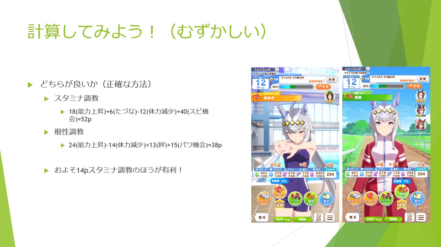 Chokudai 高橋 直大 Atcoder社長 育成理論の需要があったので書きました 実践編です 実際の場面において Pを利用して どちらの選択肢を選ぶべきかを記述しています 厳密な計算方法と 簡易判別方法の2つをそれぞれ計算しています T Co