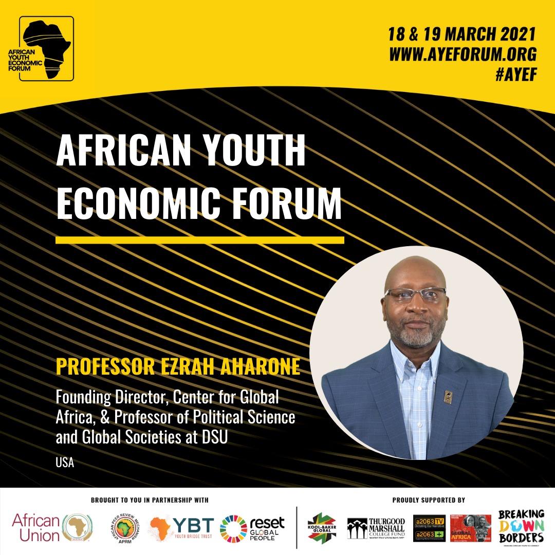SPEAKER ANNOUNCEMENT: Prof Ezrah Aharone Founding Director, Centre for Global Africa and Prof of Political Science and Global Societies at DSU. register here to attend: zoom.us/webinar/regist…