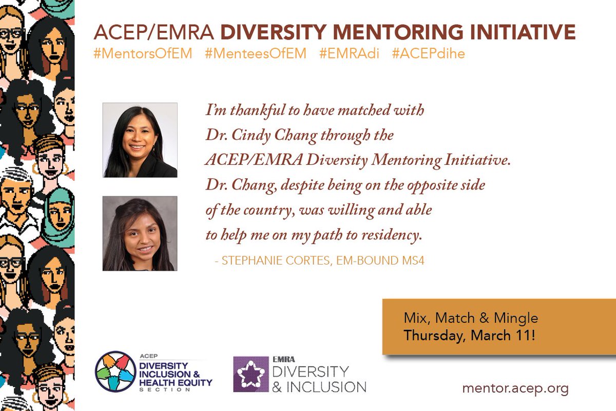 emresidents's tweet image. ⏰ Join us tonight for the launch of our second Diversity Mentoring Initiative class! We start at 6p Central -- don't miss this awesome opportunity! Register at bit.ly/3e5u237

@ACEPNow 
#mentorsofem
#menteesofem
#emradi
#acepdihe