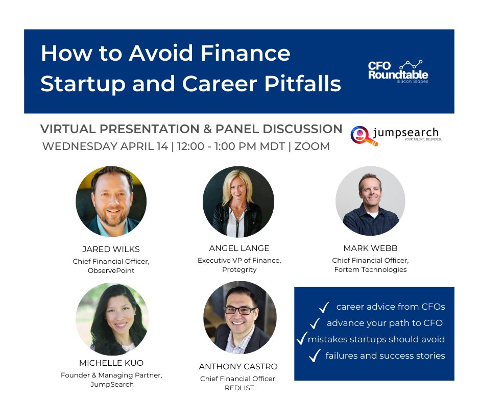 JumpSearch's tweet image. We are excited to bring the finance community together for a special CFO Roundtable discussion on Wednesday April 14, 12PM MT through Zoom.
lnkd.in/gbdD9J5

What topics are you most interested in hearing the panel discuss?
#leadership #finance #cfocommunity #CFOClub #CFO